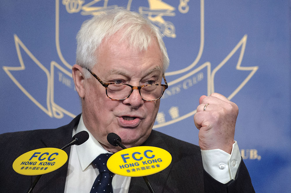 Hong Kong's last British colonial governor Chris Patten gestures as he speaks at the Foreign Correspondents Club in Hong Kong on November 25, 2016.
