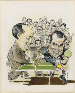 Famous American caricaturist Mort Drucker depicts Mao Zedong and Richard Nixon playing ping pong.